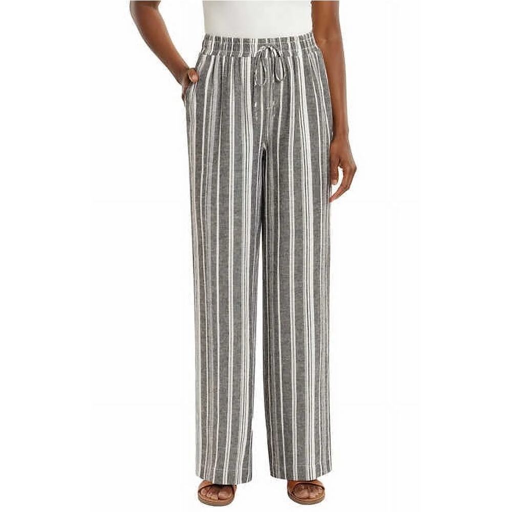Briggs Linen Blend Beachy Pocket Pants Elastic Waist Pull On Gray Striped Small
